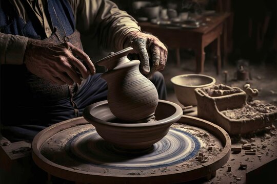  a man is making a vase on a wheel in a pottery shop with other pottery items around him and a pottery wheel in the foreground with a potter's hands on the wheel. Generative AI