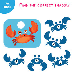 Mini game for children. find the correct shadow for the crab. learning, fun