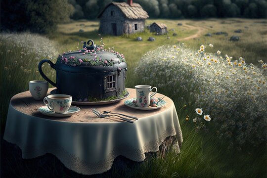  a painting of a tea set on a table in a field with a house in the background and a teapot on the table with a tea cup on it, and a plate with a saucer. Generative AI