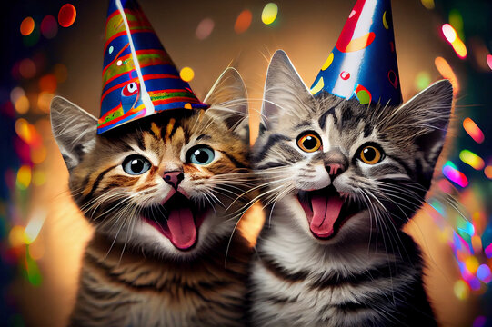 Fototapeta 2 fröhliche Katzen / Katzenwelpen mit Partyhüten. Generative Ai.