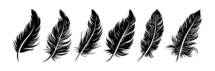 Vector Different Black Fluffy Feather Silhouette Icon Set Closeup Isolated on White Background. Design Template of Flamingo, Angel, Bird Feathers for Wall Paper, Textile. Lightness, Freedom Concept