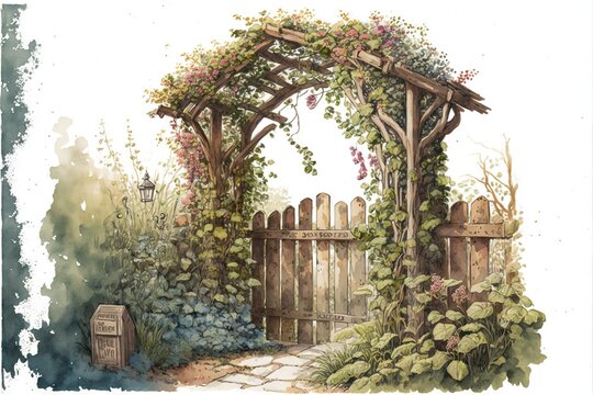  a painting of a garden with a wooden gate and a bench in the middle of it, with vines growing on the fence and a stone path leading to the gate and a box with a box. Generative AI