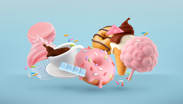 Sweets 3d cartoon vector background. Donuts, cup of coffee, cotton candy, cupcake, ice cream
