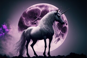  a unicorn standing on a hill with a full moon in the background and clouds in the foreground, with a purple hued sky and purple hued background, with a purple hue. Generative AI