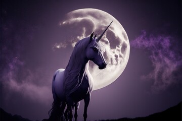 Obraz na płótnie Canvas a unicorn standing on a hill with a full moon in the background and clouds in the sky above it, with a purple hued sky and purple hued background, with a full moon. Generative AI