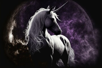 Obraz na płótnie Canvas a unicorn with long hair standing in front of a full moon with a purple background and a black background with a white unicorn's head and tail, with a black mane. Generative AI