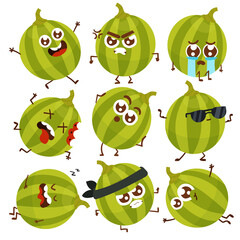 Cute Cartoon Emotional Watermelon character stickers on white background