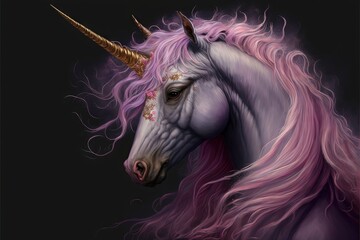 Obraz na płótnie Canvas a unicorn with a pink mane and gold horn on its head and a black background with a white spot on the forehead and a pink spot on the forehead and white spot on the forehead. Generative AI