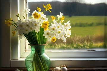  a vase of flowers sitting on a window sill next to a window sill with eggs and daffodils in it and a green vase with yellow flowers in front of the window. Generative AI
