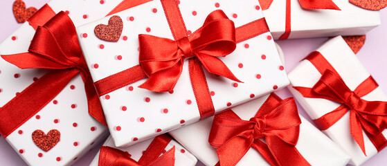 Many gift boxes on color background, top view. Valentine's Day celebration