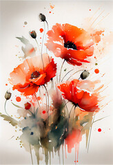 Watercolor painting art. Generative Ai illustration splash flower poppy