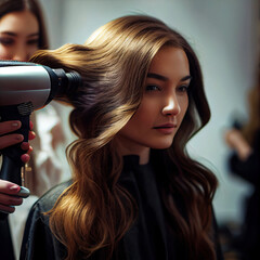 Naklejka premium Hairdresser combing a client's long hair. Generative AI 4