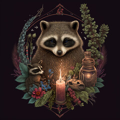 mystical raccoon with a candle among plants flowers stones logs on a black background