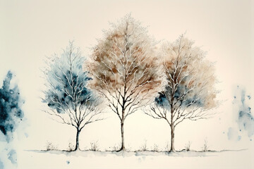 Three trees in a row on a winters day watercolor, Generative AI
