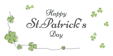 Happy St Patrick's banner design with green four leaf clover, Saint Patrick handwritten greeting card