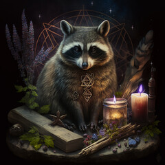 mystical raccoon with a candle among plants flowers stones logs on a black background