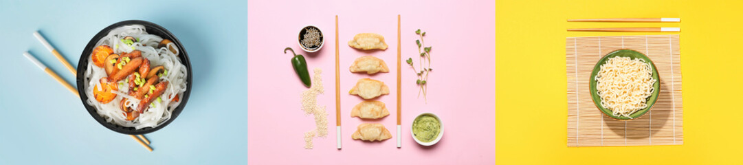 Collage of tasty Chinese food on color background