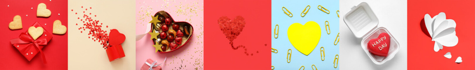 Festive collage for Valentine's day with gifts, tasty desserts and hearts on color background