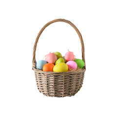 Easter wicker basket with pastel colorful eggs decorated isolated on transparent background. Festive Christianity religion tradition.