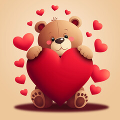A cute bear is holding a red heart. Valentine's postcard