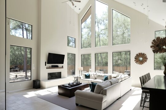 Luminous Modern interior design, Living Room, white walls, big windows, flat screen, home design. Classy and rich. Architecture illustration. Generative AI.