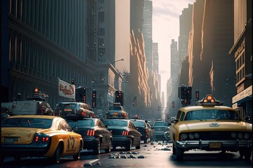  a city street filled with lots of traffic and tall buildings with traffic lights on top of them and a yellow taxi cab driving down the street in front of the street with a yellow cab. Generative AI 