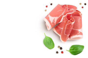 Italian prosciutto crudo or spanish jamon. Raw ham isolated on white background. Top view with copy space for your text. . Flat lay
