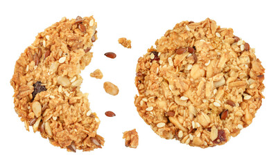 Granola cookie isolated on white background with full depth of field. Top view. Flat lay.