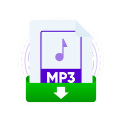 Download MP3 file with label on laptop screen. Downloading document concept. View, read, download MP3 file on laptops and mobile devices. Vector illustration.