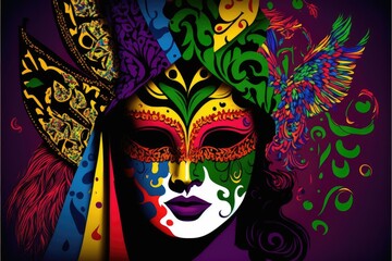 Colorful female carnival masks on a purple background. Generative AI