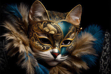 Cat in a Venetian carnival mask. AI generated
