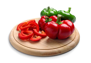 Wooden board with bell peppers on white background
