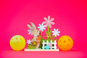 Easter Pickleball.  Easter setting with indoor and outdoor picleball on a colorful background.  Room for text.