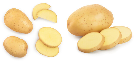 Young potato isolated on white background. Harvest new. Top view. Flat lay, Set or collection