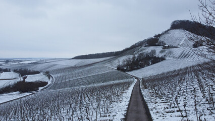 drone shot on hilly winter vineyards in handthal germany