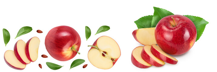 Red apple with slices isolated on white background. Top view. Flat lay with copy space for your text