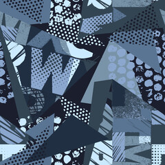 Abstract seamless grunge pattern for boy. Urban style modern background with lines, spray elements, triangle, word. Extreme modern creative wallpaper for guys.