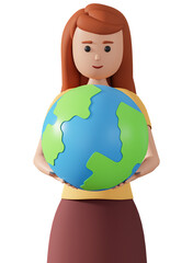 3d woman character holding earth globe in her hands front view. Environmental concept with woman holding planet earth globe 3d illustration