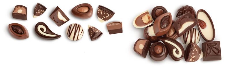 Chocolate candy isolated on white background with full depth of field. Top view. Flat lay. Set or collection
