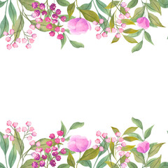 Obraz na płótnie Canvas Watercolor floral border isolated on white background. Natural hand painted design object. Ideal for wedding cards, prints, patterns, packaging design.