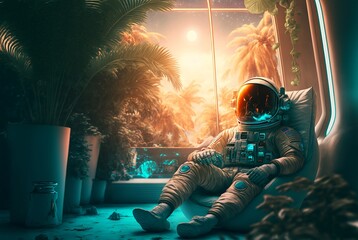 Astronaut enjoying his holliday in space, futuristic, fantasy - obrazy, fototapety, plakaty