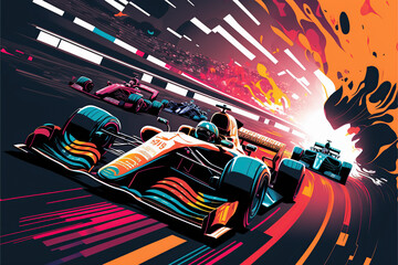 a Formula 1 race, with several cars competing at high speed on a modern track. - obrazy, fototapety, plakaty