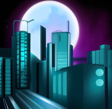 Ville futuriste de nuit dans un style illustratif dystopique, Generative AI