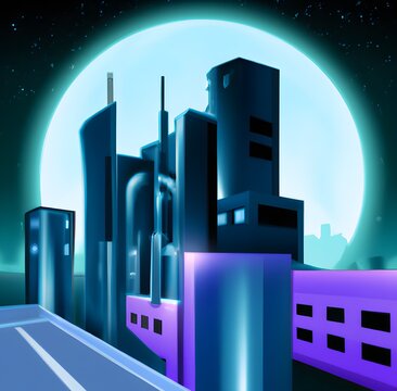 Ville futuriste de nuit dans un style illustratif dystopique, Generative AI