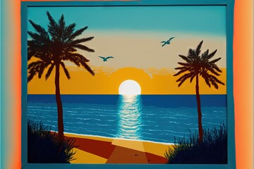  a painting of a sunset with palm trees and a beach scene with a bird flying over the water and a bird flying over the water and a bird flying over the water below the beach. Generated AI