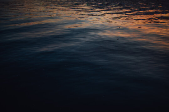 dark blue waters with orange sunset reflected