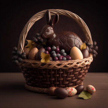 Uma cesta de vime com ovos de chocolate e coelho de chocolate, p&aacute;scoa