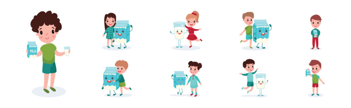 Cute Boy and Girl Characters Playing with Humanized Milk Carton and Glass Vector Set