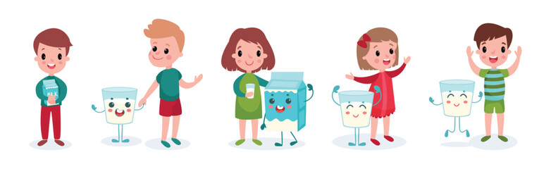 Cute Boy and Girl Characters Playing with Humanized Milk Carton and Glass Vector Set