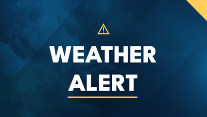 Weather Alert, Horizontal Background. White Text and Yellow Shapes on Heavy Black Clouds, Rain and Water Drops. Communication, Broadcasting and Risk Concept.